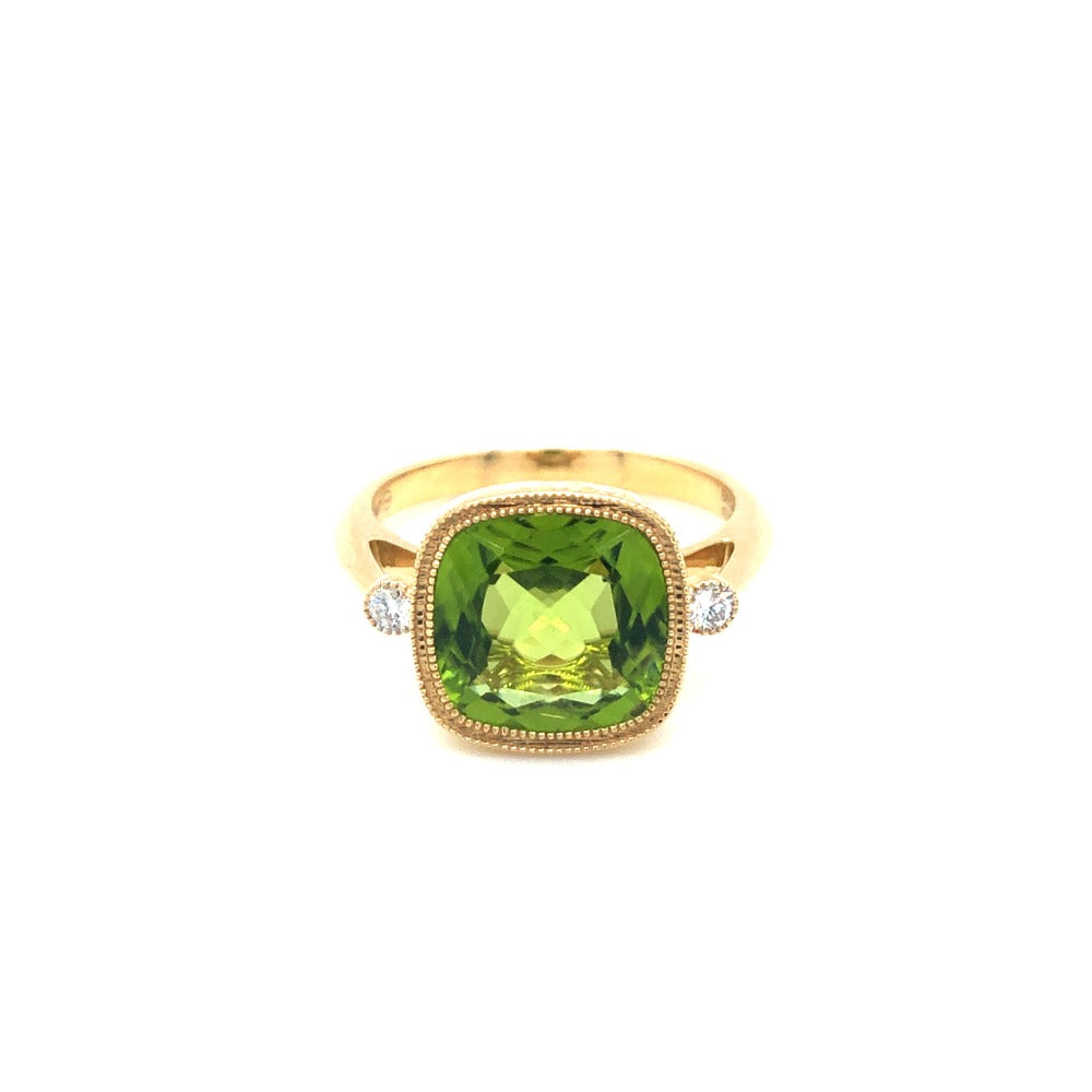 Cushion Cut Peridot Ring with Diamonds - Barbara Anne's Jewelry