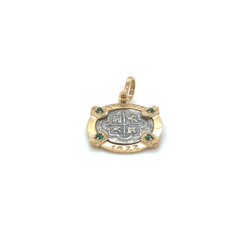 Pure Silver Atocha Coin wrapped in 14k Gold with emeralds