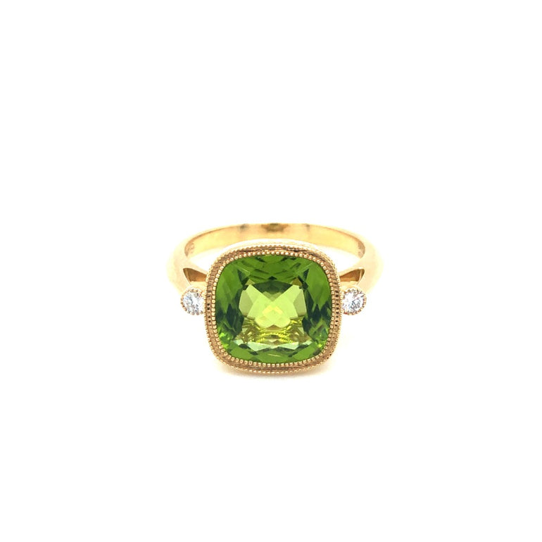 Cushion Cut Peridot Ring with Diamonds - Barbara Anne's Jewelry 