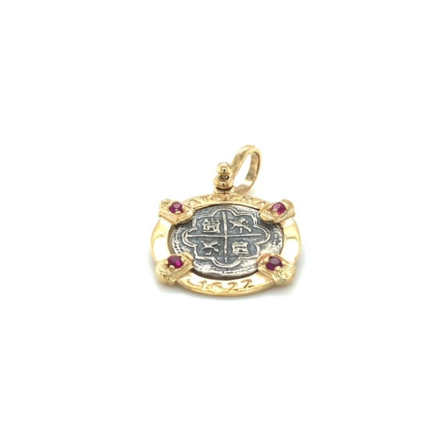 Pure Silver Atocha Coin wrapped in 14k Gold with rubies 