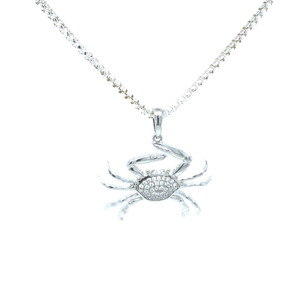 Sterling Silver Crab Pendant with CZ Diamonds on silver necklace 