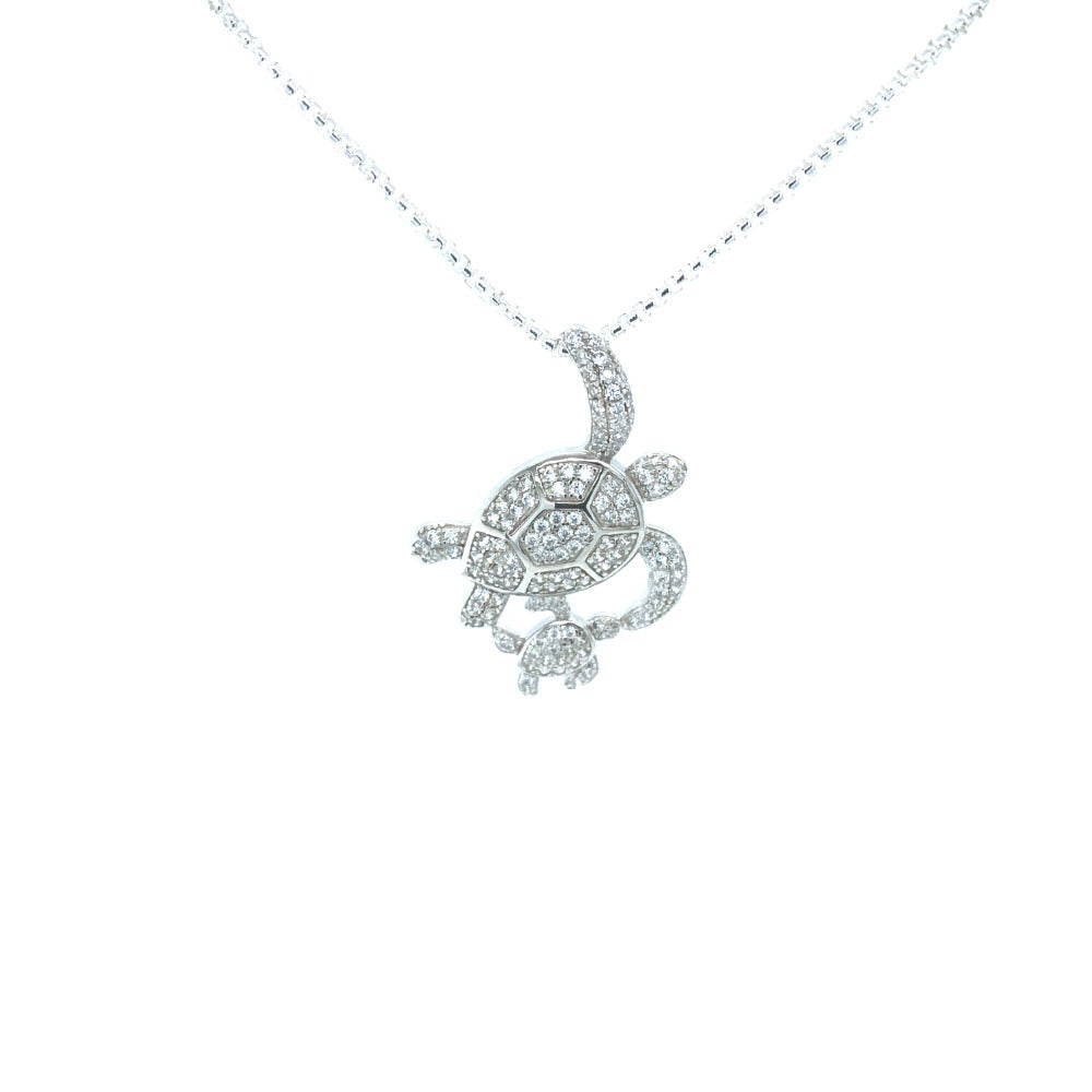 Sterling Silver Two Turtle Pendant with CZ Diamonds on a silver chain 